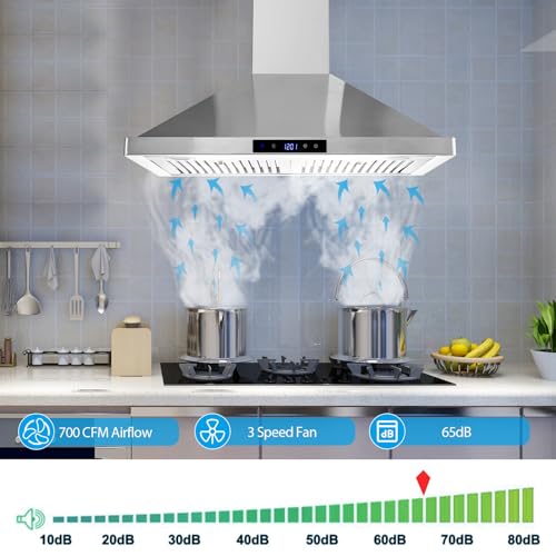 Wall Mount Range Hood 30 inch Kitchen Hood 700 CFM with Touch Control Permanent Filters Stainless Steel 3 Speed Exhaust Fan LED Light, Tieasy