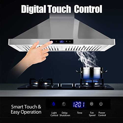 Wall Mount Range Hood 30 inch Kitchen Hood 700 CFM with Touch Control Permanent Filters Stainless Steel 3 Speed Exhaust Fan LED Light, Tieasy