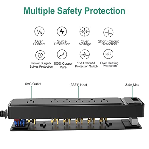 Power Strip 2 Pack, MKSENSE Surge Protector with 6 Outlets and 4 USB Ports (5V/2.4A), 1875W/15A, 900 Joules, Flat Plug, Spaced Outlets with 6ft Extension Cord for Home Office - Black