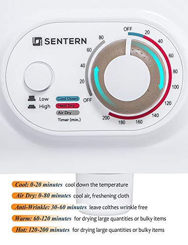 Sentern Compact Laundry Dryer, Electric Portable Clothes Dryer with Stainless Steel Tub, Control Panel Downside Easy Control with 4 Automatic Drying Mode, White