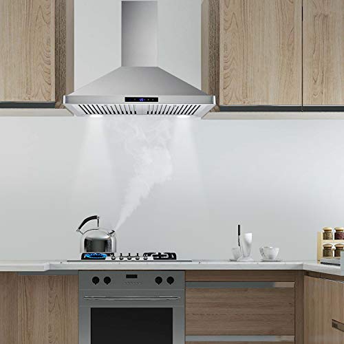 Wall Mount Range Hood 30 inch Kitchen Hood 700 CFM with Touch Control Permanent Filters Stainless Steel 3 Speed Exhaust Fan LED Light, Tieasy