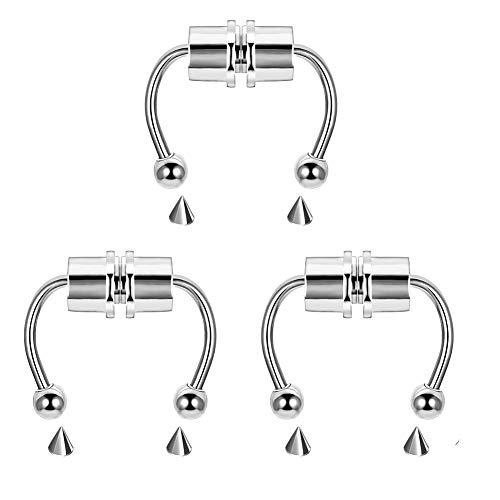 Magnetic Septum Fakes Nose Rings Horseshoe Nose Rings Hoops 316L Stainless Steel Reusable Nose Cuff Non Piercing For Women Men Steel 3 Pcs,With Replace Spikes