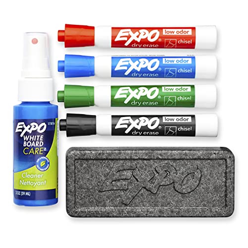 Expo Low Odor Dry Erase Marker Set with White Board Eraser and Cleaner | Chisel Tip Dry Erase Markers | Assorted Colors, 6-Piece Set with Whiteboard Cleaner