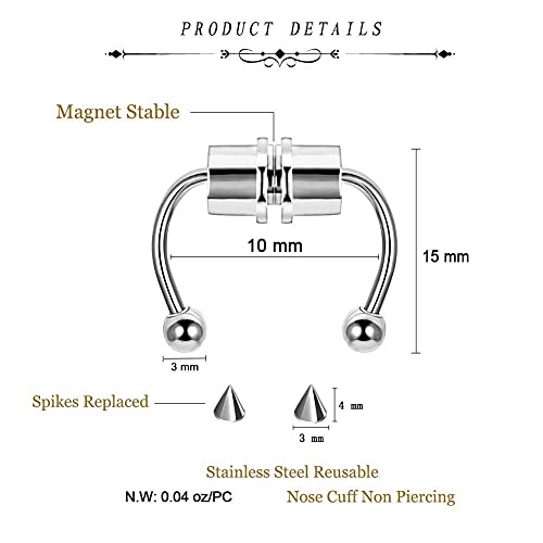 Magnetic Septum Fakes Nose Rings Horseshoe Nose Rings Hoops 316L Stainless Steel Reusable Nose Cuff Non Piercing For Women Men Steel 3 Pcs,With Replace Spikes