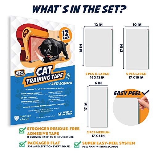 Panther Armor Cat Scratch Deterrent Tape  12-Pack Double Sided Anti Scratching Sticky Tape  5-Pack XL 16L 12W + 5-Pack Large 17L 10W + 2-Pack M 17L 6W Furniture Protectors  Training Tape