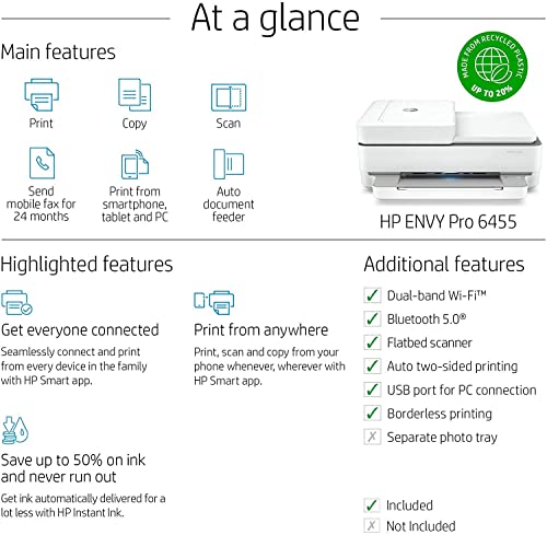 HP ENVY Pro 6455 Wireless All-in-One Printer | Mobile Print, Scan & Copy | Auto Document Feeder (5SE45A)