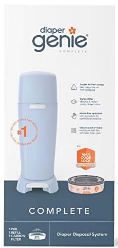 Playtex Diaper Genie Complete Pail with Built-In Odor Controlling Antimicrobial, Includes Pail & 1 Refill, Blue
