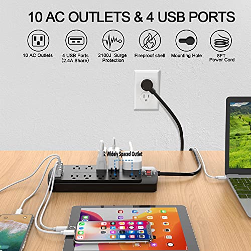 Power Strip with 8 Ft, YINTAR Surge Protector with 10 Outlets and 4 USB Ports, 8 Feet Flat Plug Extension Cord (1875W/15A) for for Home, Office, Dorm Essentials, 2100 Joules, ETL Listed, - Black