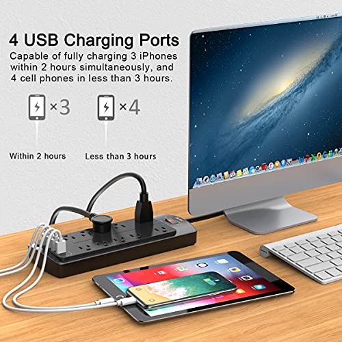 Power Strip with 8 Ft, YINTAR Surge Protector with 10 Outlets and 4 USB Ports, 8 Feet Flat Plug Extension Cord (1875W/15A) for for Home, Office, Dorm Essentials, 2100 Joules, ETL Listed, - Black