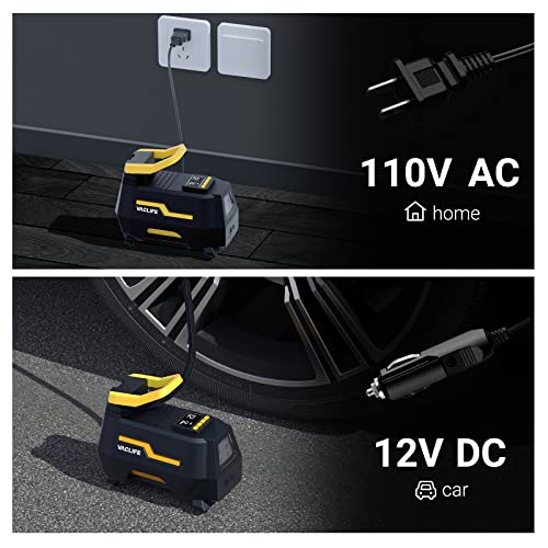 VacLife Tire Inflator for Home (110V) and Car (12V), AC/DC Portable Air Compressor for Car Tires, Bicycles and Other Inflatables, Digital Air Pump with LED Light & Long Power Cords (VL708)