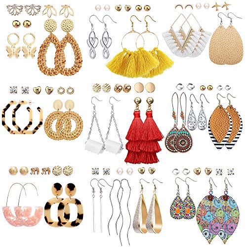 47 Pairs Fashion Earrings for Women Girls, Boho Statement Tassel Rattan Leather Earrings Ethnic Fashion Butterfly Stud Acrylic Hoop Silver Drop Dangle Earrings Set for Birthday Everyday Jewelry Gift