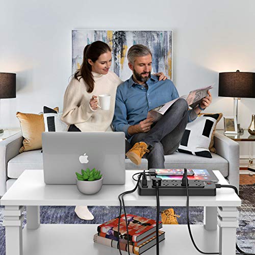 Power Strip with 8 Ft, YINTAR Surge Protector with 10 Outlets and 4 USB Ports, 8 Feet Flat Plug Extension Cord (1875W/15A) for for Home, Office, Dorm Essentials, 2100 Joules, ETL Listed, - Black