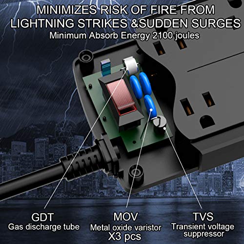 Power Strip with 8 Ft, YINTAR Surge Protector with 10 Outlets and 4 USB Ports, 8 Feet Flat Plug Extension Cord (1875W/15A) for for Home, Office, Dorm Essentials, 2100 Joules, ETL Listed, - Black