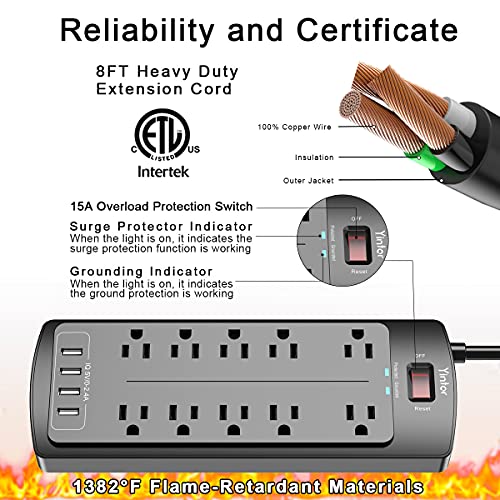 Power Strip with 8 Ft, YINTAR Surge Protector with 10 Outlets and 4 USB Ports, 8 Feet Flat Plug Extension Cord (1875W/15A) for for Home, Office, Dorm Essentials, 2100 Joules, ETL Listed, - Black