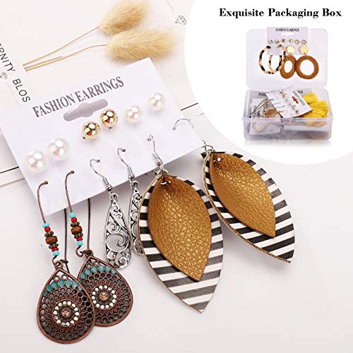 47 Pairs Fashion Earrings for Women Girls, Boho Statement Tassel Rattan Leather Earrings Ethnic Fashion Butterfly Stud Acrylic Hoop Silver Drop Dangle Earrings Set for Birthday Everyday Jewelry Gift