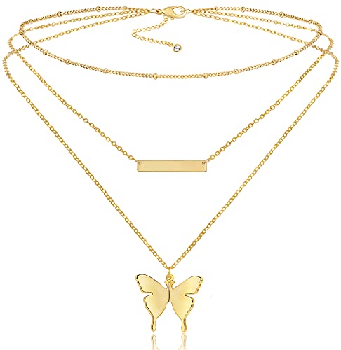 Fiusem Gold Layered Butterfly Necklaces for Women, Dainty 14K Gold Choker Necklaces and Tiny Butterfly Pendant Necklace, Chain Necklaces for Teen Girls 14â, 16â, 18â