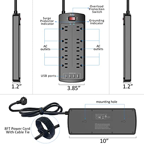 Power Strip with 8 Ft, YINTAR Surge Protector with 10 Outlets and 4 USB Ports, 8 Feet Flat Plug Extension Cord (1875W/15A) for for Home, Office, Dorm Essentials, 2100 Joules, ETL Listed, - Black