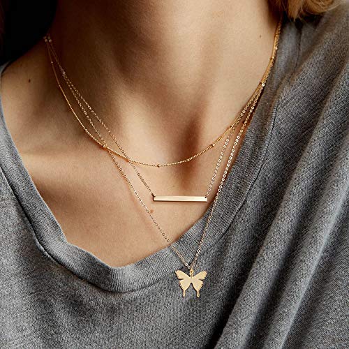 Fiusem Gold Layered Butterfly Necklaces for Women, Dainty 14K Gold Choker Necklaces and Tiny Butterfly Pendant Necklace, Chain Necklaces for Teen Girls 14â, 16â, 18â