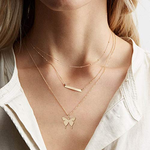 Fiusem Gold Layered Butterfly Necklaces for Women, Dainty 14K Gold Choker Necklaces and Tiny Butterfly Pendant Necklace, Chain Necklaces for Teen Girls 14â, 16â, 18â
