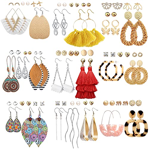 47 Pairs Fashion Earrings for Women Girls, Boho Statement Tassel Rattan Leather Earrings Ethnic Fashion Butterfly Stud Acrylic Hoop Silver Drop Dangle Earrings Set for Birthday Everyday Jewelry Gift