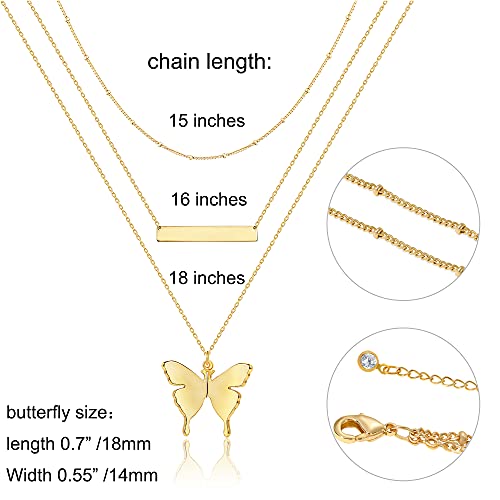 Fiusem Gold Layered Butterfly Necklaces for Women, Dainty 14K Gold Choker Necklaces and Tiny Butterfly Pendant Necklace, Chain Necklaces for Teen Girls 14â, 16â, 18â