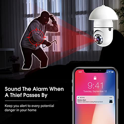 Wireless Light Bulb Camera, 360Â°Panoramic Surveillance Cam, 2.4GHz WiFi Smart 1080P Outdoor Security Camera with Motion Detection Alarm Night Vision Two-Way-Talk Phone Remote View Indoor E27