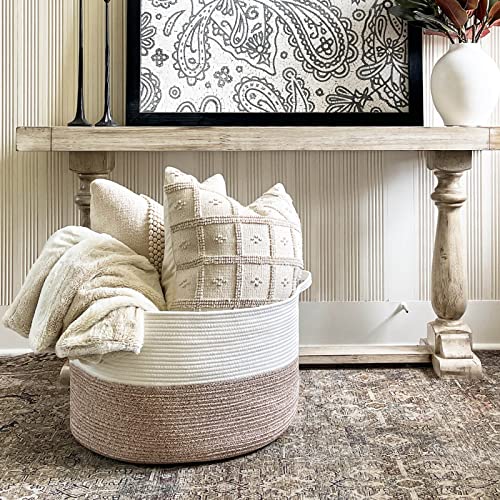 INDRESSME XXXLarge Cotton Rope Basket 21.7" x 21.7" x 13.8" Woven Baby Laundry Basket for Blankets Toys Storage Basket with Handle Comforter Cushions Storage Bins Thread Laundry Hamper