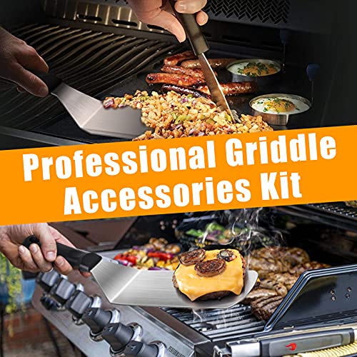 Griddle Accessories,15 Pcs Flat-top Grilling Accessories,Stainless Steel BBQ Accessories with Spatula, Slotted Spatula,Basting Cover, Chopper,Scraper,Egg Mold for Men Women Outdoor Yard Camping