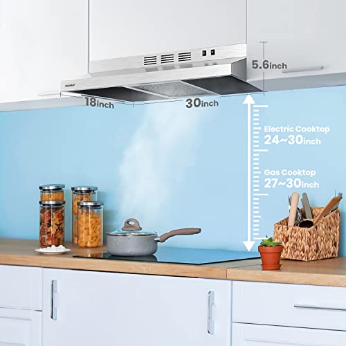 Comfee F13 Range Hood 30 inch Ducted Ductless Vent Hood Durable Stainless Steel Kitchen Hood for Under Cabinet with 2 Reusable Filter, 200 CFM, 2 Speed Exhaust Fan