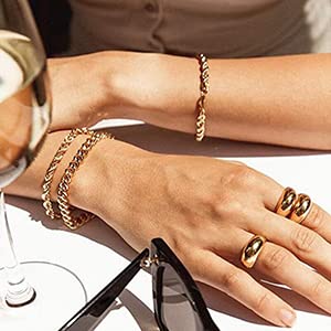 JINEAR 14k Gold Plated Chunky Thick Dome Gold Rings Wedding Band Statement Rings High Polish Lightweight Comfort Fit Size 5-9