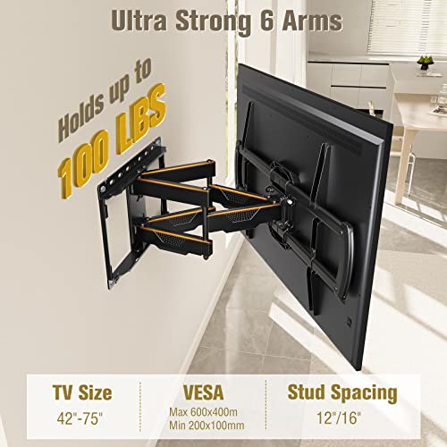 Mounting Dream TV Mount Bracket for 42-70 Inch Flat Screen TVs, Full Motion TV Wall Mounts with Swivel Articulating Dual Arms , Heavy Duty Design - Max VESA 600x400mm , 100 LBS Loading , MD2296
