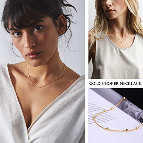 Gold Choker Necklace for Women 18k Gold Plated Curb Ball Satellite Chain Dipped Short Chokers Dainty Layering Jewelry 16