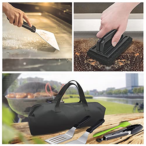 Griddle Accessories,15 Pcs Flat-top Grilling Accessories,Stainless Steel BBQ Accessories with Spatula, Slotted Spatula,Basting Cover, Chopper,Scraper,Egg Mold for Men Women Outdoor Yard Camping