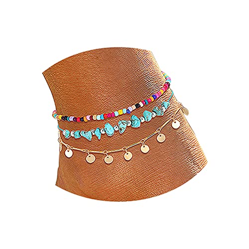 YAHPERN Anklets for Women Girls Color Beads Turquoise Drop Sequin Charm Adjustable Ankle Bracelets Set Boho Multilayer Beach Foot Jewelry (Gold)