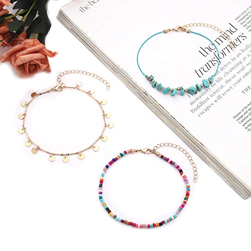YAHPERN Anklets for Women Girls Color Beads Turquoise Drop Sequin Charm Adjustable Ankle Bracelets Set Boho Multilayer Beach Foot Jewelry (Gold)