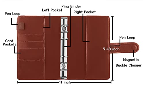 Antner A6 PU Leather Notebook Binder Refillable 6 Ring Binder for A6 Filler Paper, Loose Leaf Personal Planner Binder Cover with Magnetic Buckle Closure, Brown