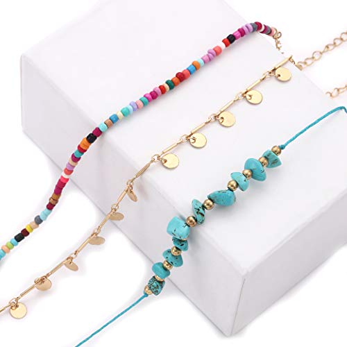 YAHPERN Anklets for Women Girls Color Beads Turquoise Drop Sequin Charm Adjustable Ankle Bracelets Set Boho Multilayer Beach Foot Jewelry (Gold)