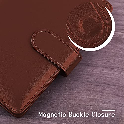 Antner A6 PU Leather Notebook Binder Refillable 6 Ring Binder for A6 Filler Paper, Loose Leaf Personal Planner Binder Cover with Magnetic Buckle Closure, Brown