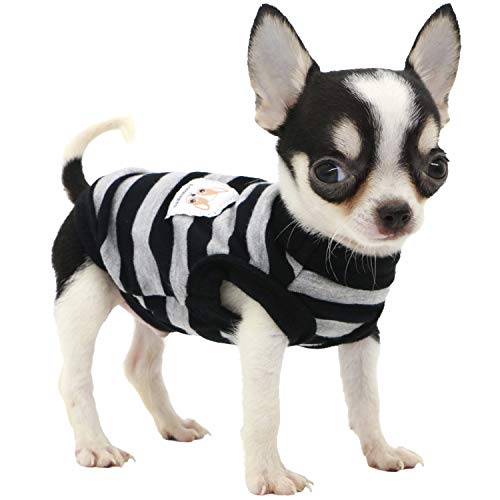 Lophipets 100% Cotton Striped Dog Shirts for Small Dogs Chihuahua Puppy Clothes Tank Vest-Black and Gray Strips/XXS