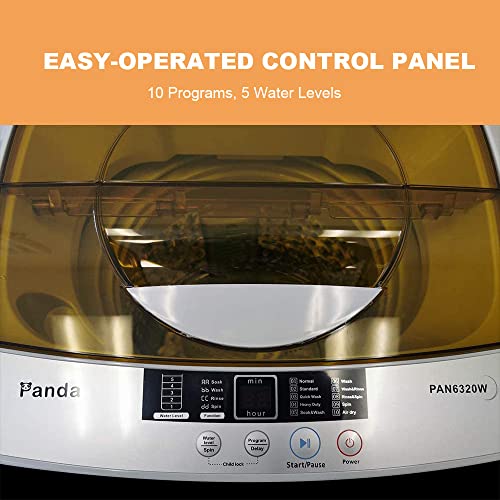 Panda PAN6320W Portable Machine, 10lbs Capacity, 10 Wash Programs, 2 Built in Rollers/casters, Compact Top Load Cloth Washer, 1.34 Cu.ft, Gray