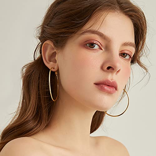 Dainty 70mm 14K Yellow Gold Silver Big Large Hoop Earrings For Women Girls Sensitive Ears Fashion Round Circle Huggie Hypoallergenic Hoops 3 Inch Minimalist Hooped Gifts Bff Birthday (Yellow Gold)