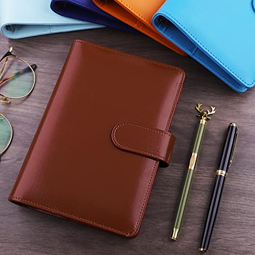 Antner A6 PU Leather Notebook Binder Refillable 6 Ring Binder for A6 Filler Paper, Loose Leaf Personal Planner Binder Cover with Magnetic Buckle Closure, Brown