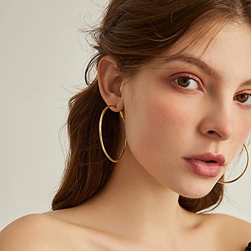 Dainty 70mm 14K Yellow Gold Silver Big Large Hoop Earrings For Women Girls Sensitive Ears Fashion Round Circle Huggie Hypoallergenic Hoops 3 Inch Minimalist Hooped Gifts Bff Birthday (Yellow Gold)