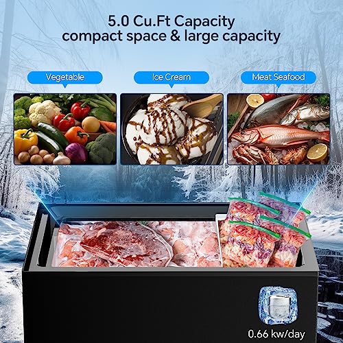 Kismile 5.0 Cubic Feet Chest Freezer with Removable Basket Free Standing Top open Door Compact Freezer with Adjustable Temperature for Home/Kitchen/Office/Bar (5.0 Cubic Feet, Black)