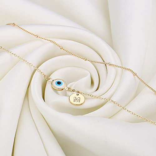 Evil Eye Ankle Bracelets for Women, 14K Gold Plated Evil Eye Double Layered Disc Letter Charm Initial Ankle bracelets Handmade Beach Jewelry for Best Frinds Hers Daily Wear Jewelry With Letter A