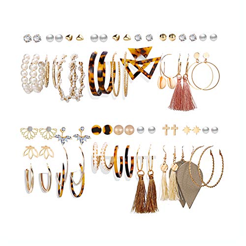 36 Pairs Fashion Tassel Earrings Set for Women Girls Bohemian Acrylic Hoop Stud Drop Dangle Earring Leather Leaf Earrings for Birthday/Party/Christmas/Friendship Gifts