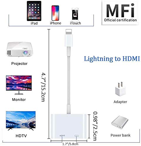 Apple Lightning to HDMI Digital AV Adapter,[Apple MFi Certified] 1080P HDMI Sync Screen Digital Audio AV Converter with Charging Port for iPhone, iPad, iPod on HDTV/Projector/Monitor, Support All iOS