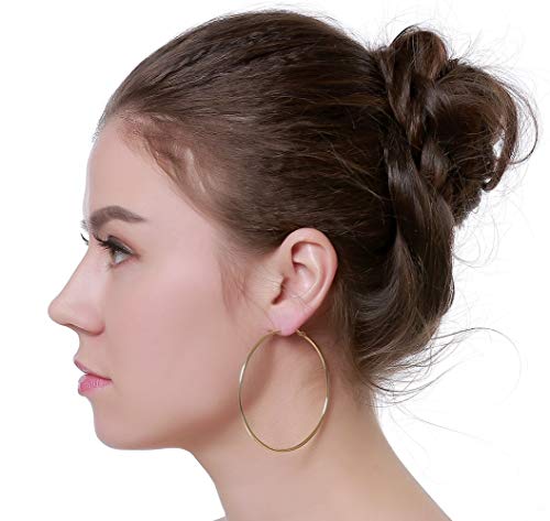 Dainty 70mm 14K Yellow Gold Silver Big Large Hoop Earrings For Women Girls Sensitive Ears Fashion Round Circle Huggie Hypoallergenic Hoops 3 Inch Minimalist Hooped Gifts Bff Birthday (Yellow Gold)