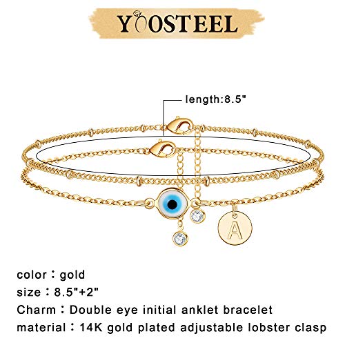 Evil Eye Ankle Bracelets for Women, 14K Gold Plated Evil Eye Double Layered Disc Letter Charm Initial Ankle bracelets Handmade Beach Jewelry for Best Frinds Hers Daily Wear Jewelry With Letter A