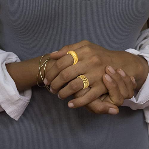 6PCS 18K Gold Plated Thick Dome Chunky Rings for Women Girls Braided Twisted Signet Chunky Gold Ring Set Minimalist Statement Ring Jewelry Size 5-9